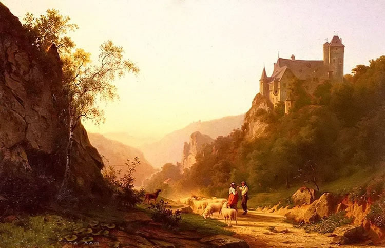 Oil painting joseph jansen – shepherds in a landscape with sheep no framed art
