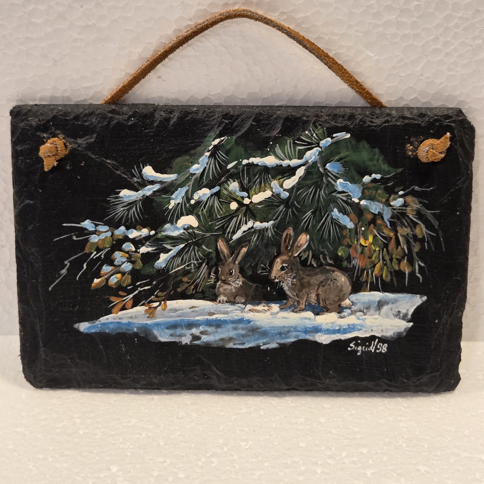 Painting of Winter Scene with Rabbits Painted on Slate Signed Hand Painted