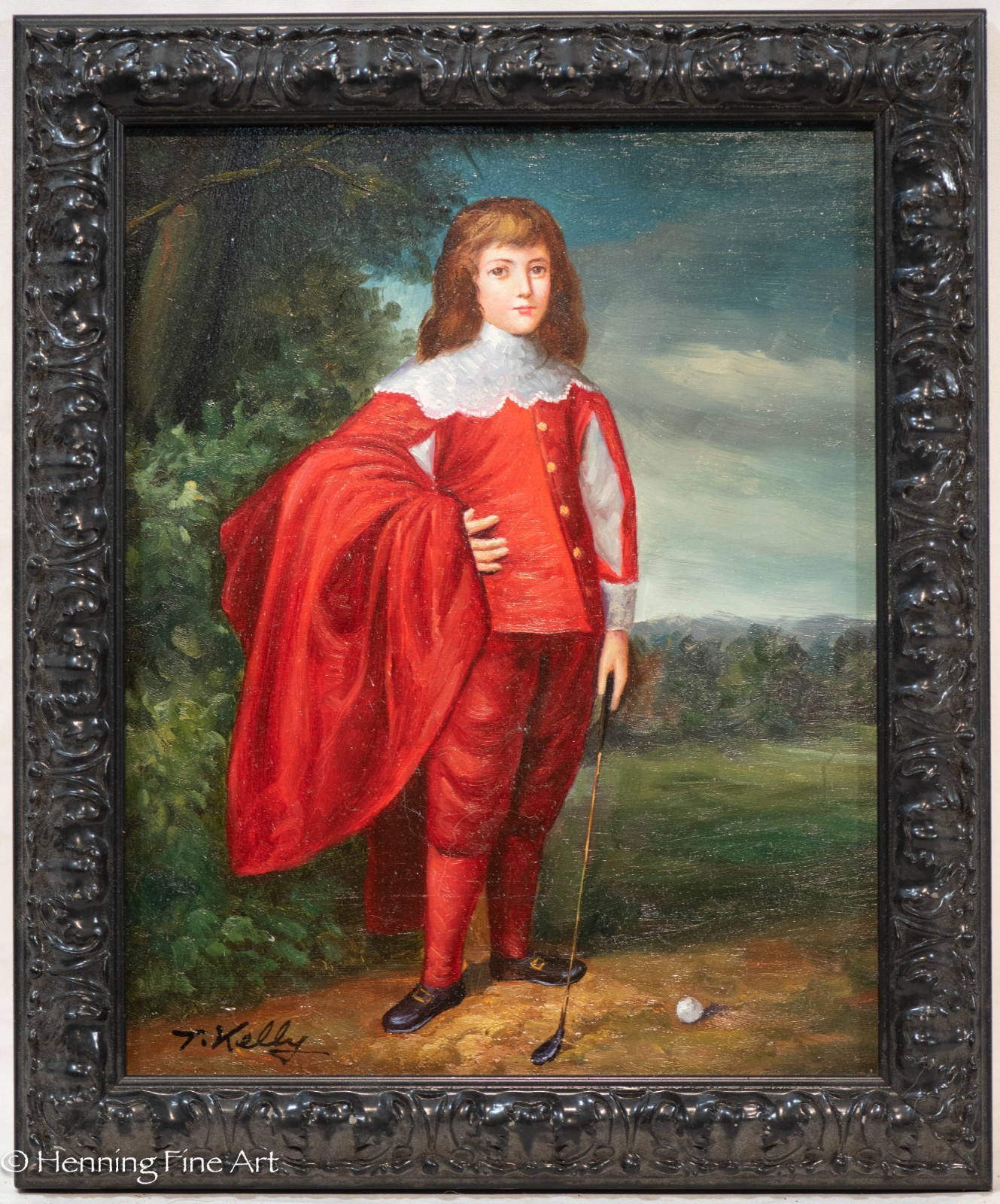 Stunning Oil Painting Old Master Style Child in Red with Golf Club Signed 12×10″
