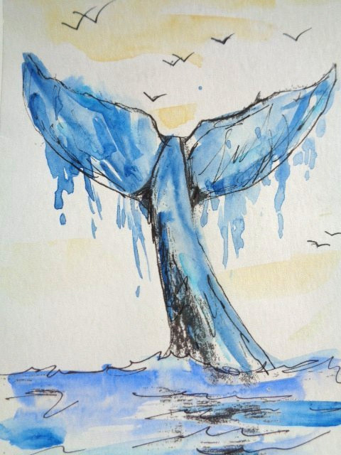 Original SEALIFE WHALE WHALE TAIL Abstract Watercolor Painting WALL ART 4X6