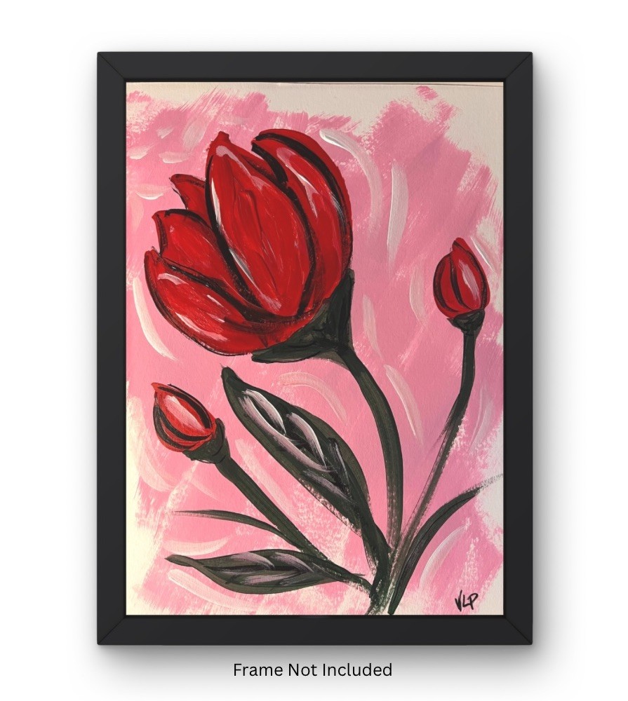 Original 9×12” Abstract Expressionist Red Flowers Pink Acrylic Paper VLP Art