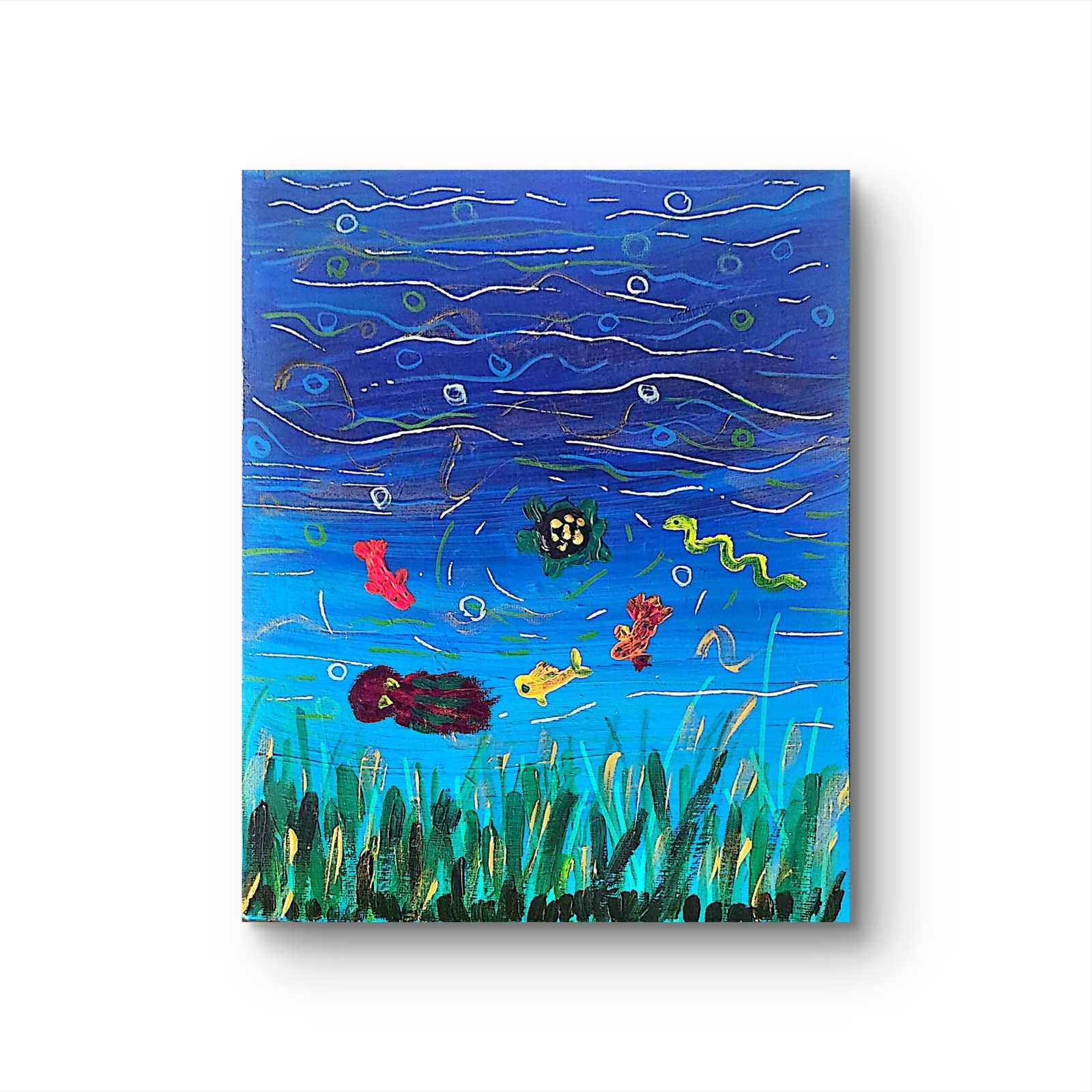 Koi Turtle Pond Acrylic Painting Whimsical Lake Art Original 8×10