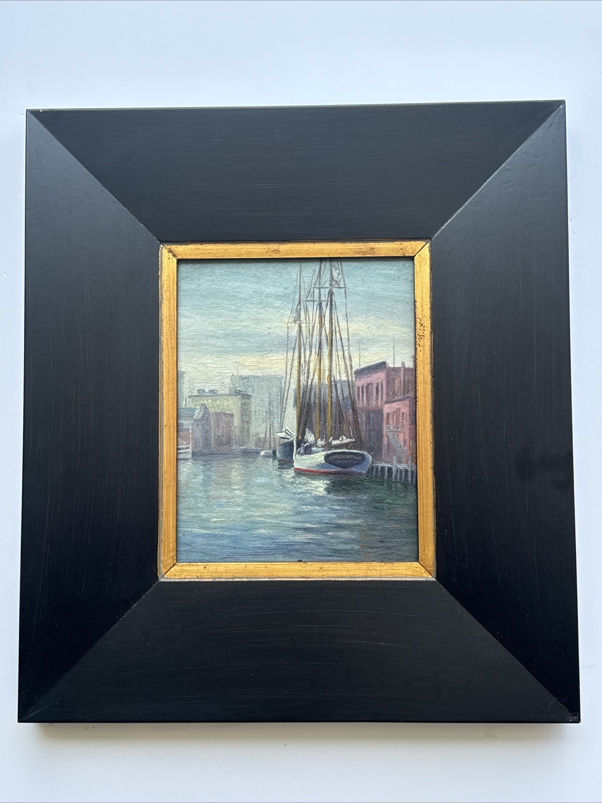 ANTIQUE PAINTING LANDSCAPE CITY VIEW HARBOR BOAT MARINA PORT WPA ERA SIGNED OIL