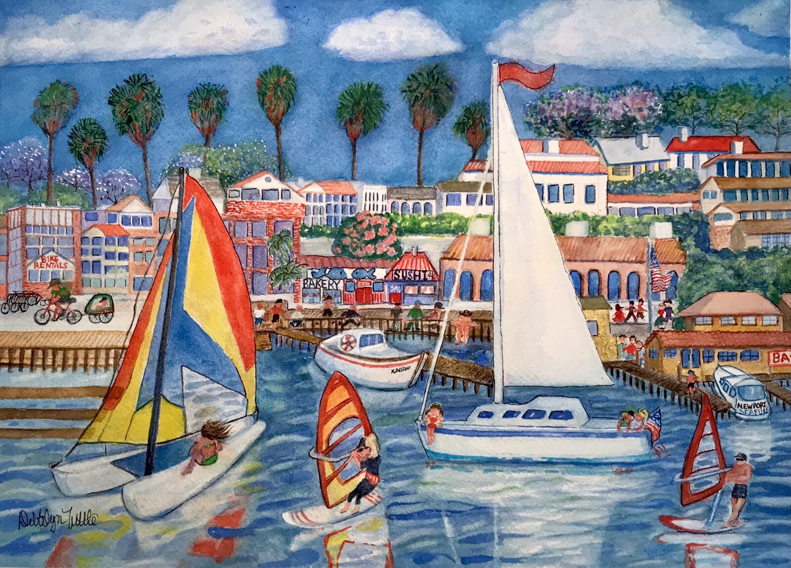 Original Watercolor 10×14 California Coastal Seascape Harbor Newport Beach Boats
