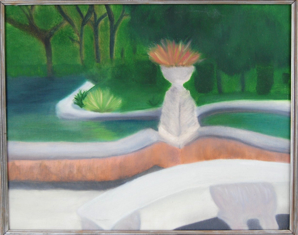 Vtg 80s Original Framed Naive Art Oil Painting «Garden & Forest Landscape» 20X16