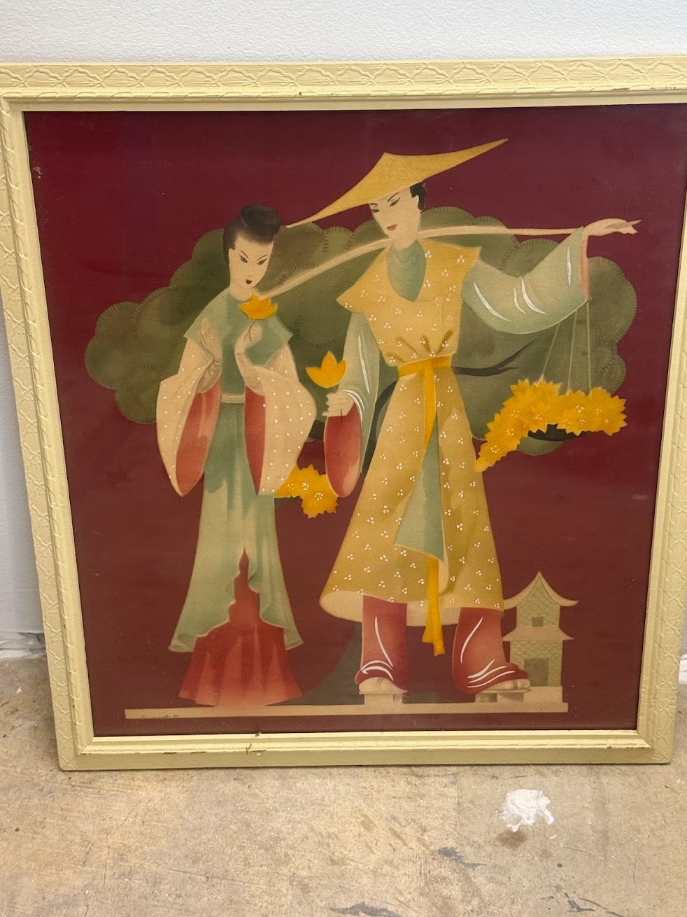 Genuine water Color airbrush 1940’s Airbrushed Asian Painting Mid 20th Century