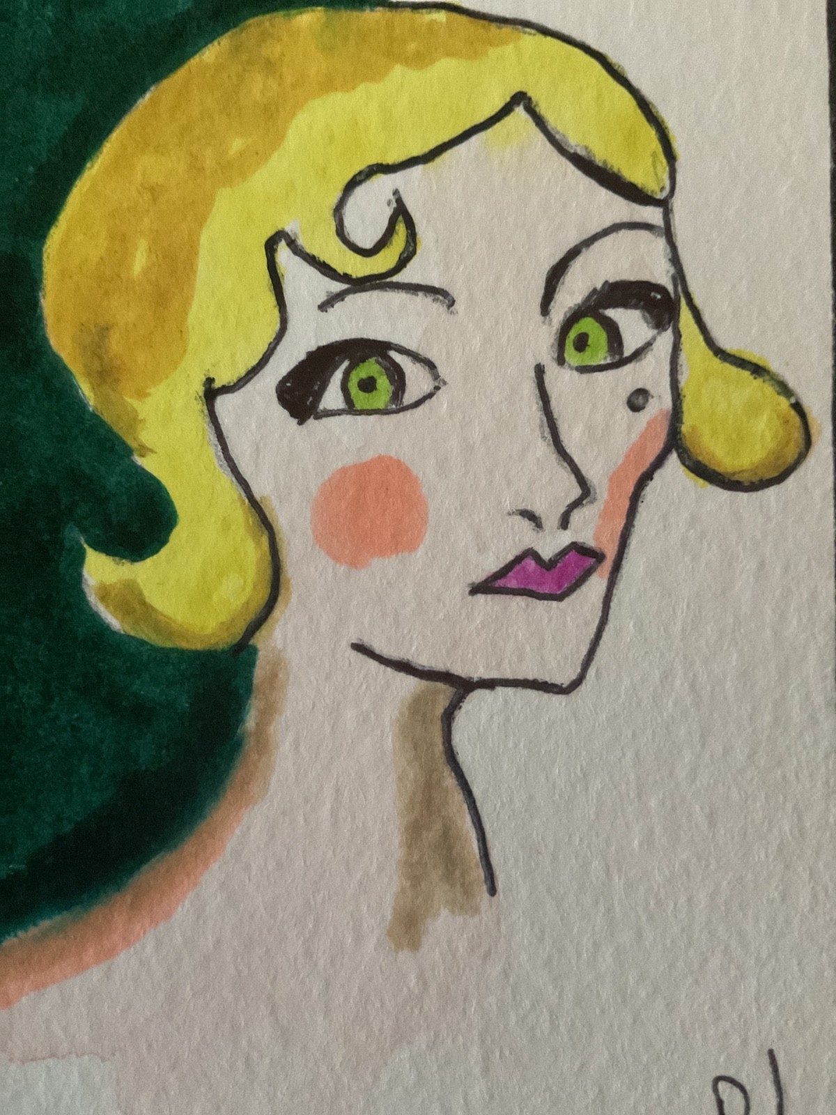 ACEO watercolor art by PJ, art card 2.5 x 3.5: blonde lady.