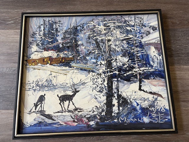 Morris Katz Oil Painting on Masonite Snow Scene w/ Deer Signed & Dated 1978