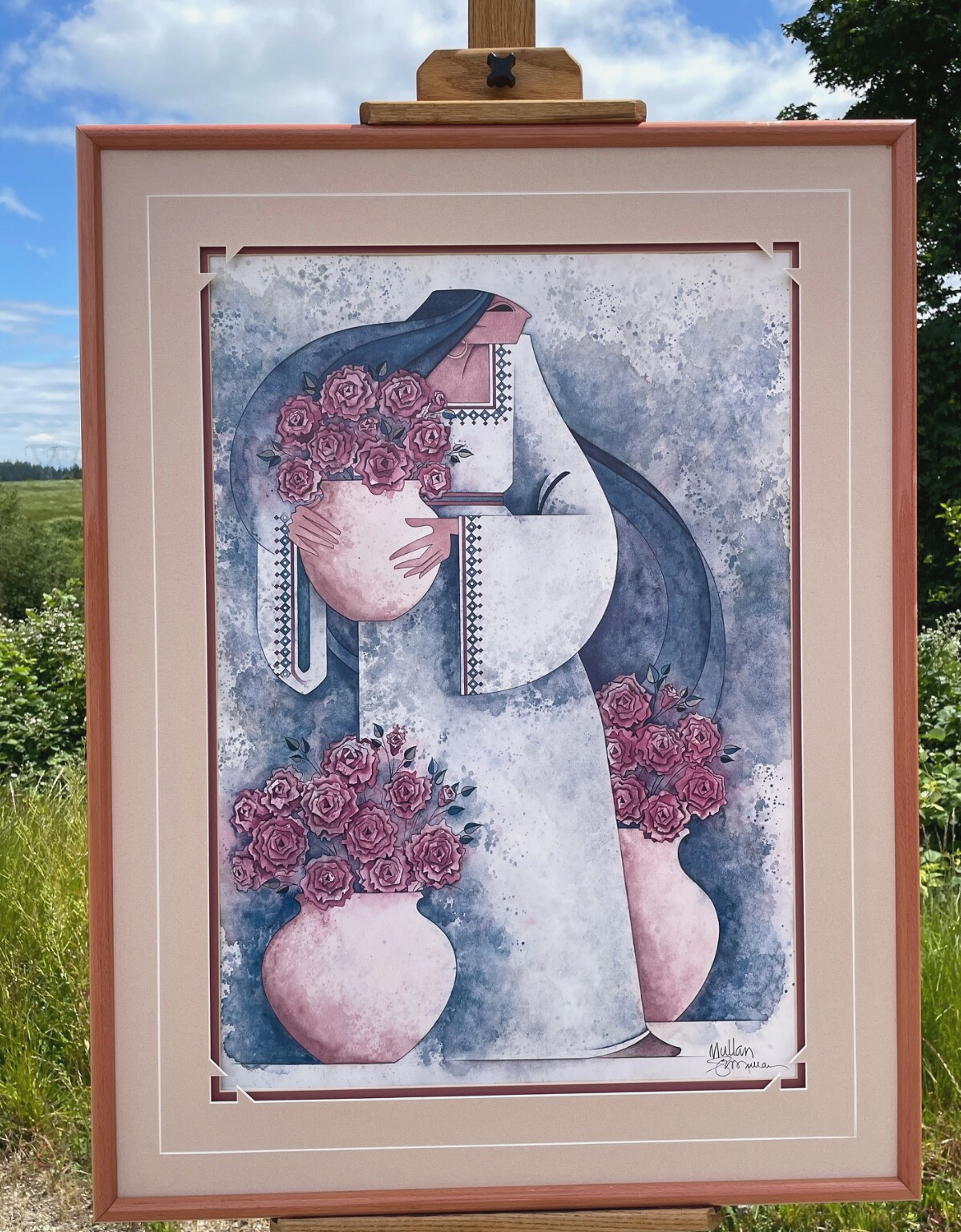 PUEBLO WOMAN WITH BOQUET OF POTTED ROSES, G E Mullan, (1924-2015), Signed/Frame