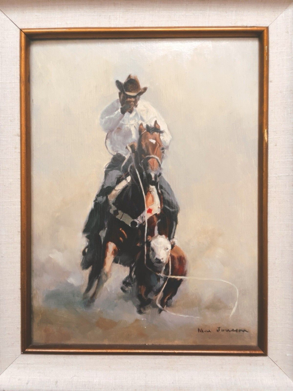 MAX JONSSON Oil on Board Southwest American Western Cowboy Rodeo Calf Roping