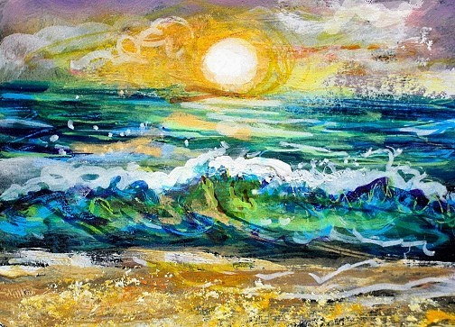 ORIGINAL ACEO Painting OCEAN Beach Waves Clouds Sunset Summer Shore Sea ATC ART
