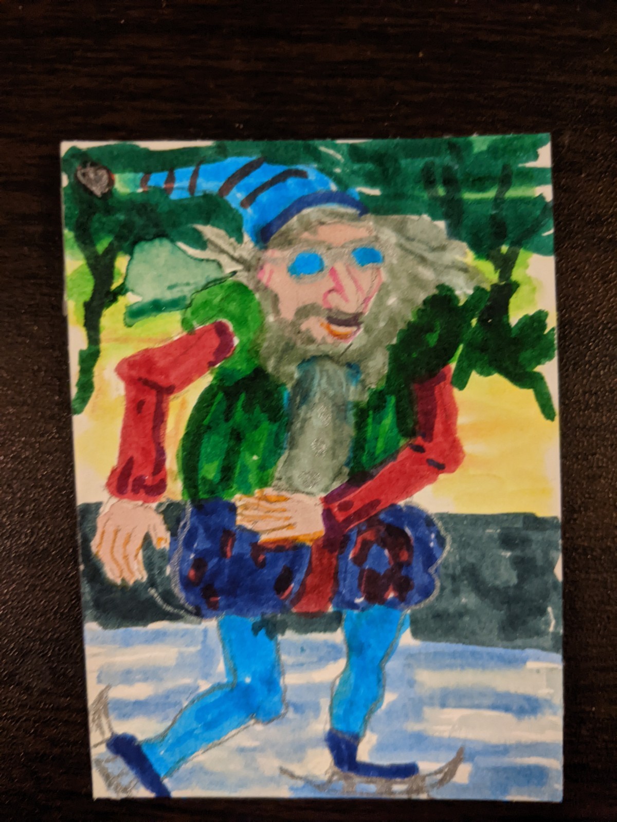 ACEO Original Watercolor Painting Signed markers Old man skater pen and ink