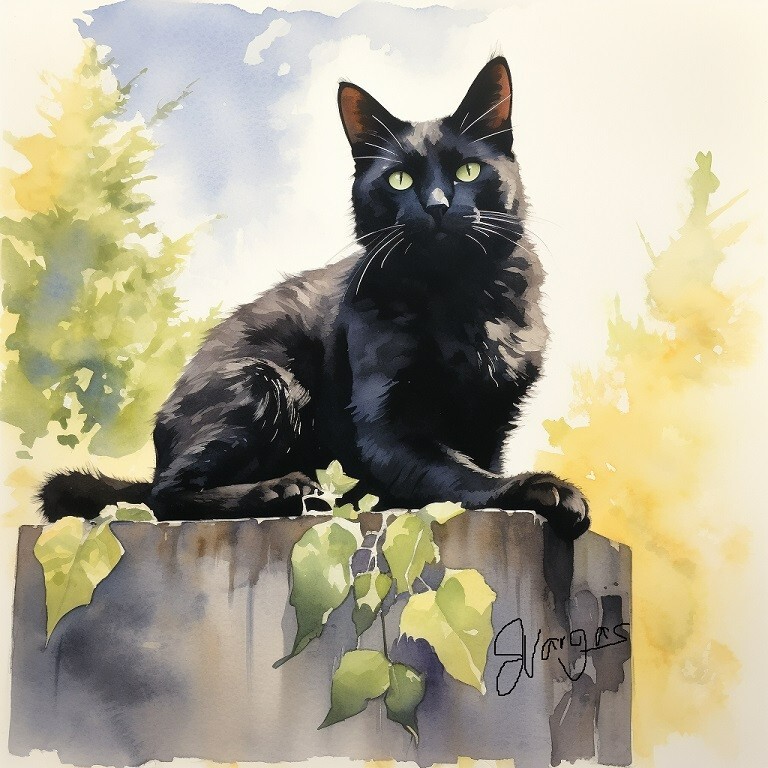 Watercolor Black Cat Painting Art Print 8×11 inches