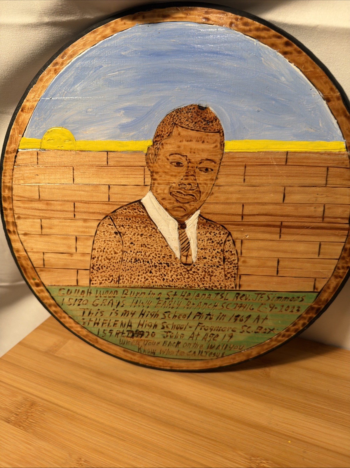 Gullah Folk Art Woodburning Reverend J F Simmons “Saint Helena High School”