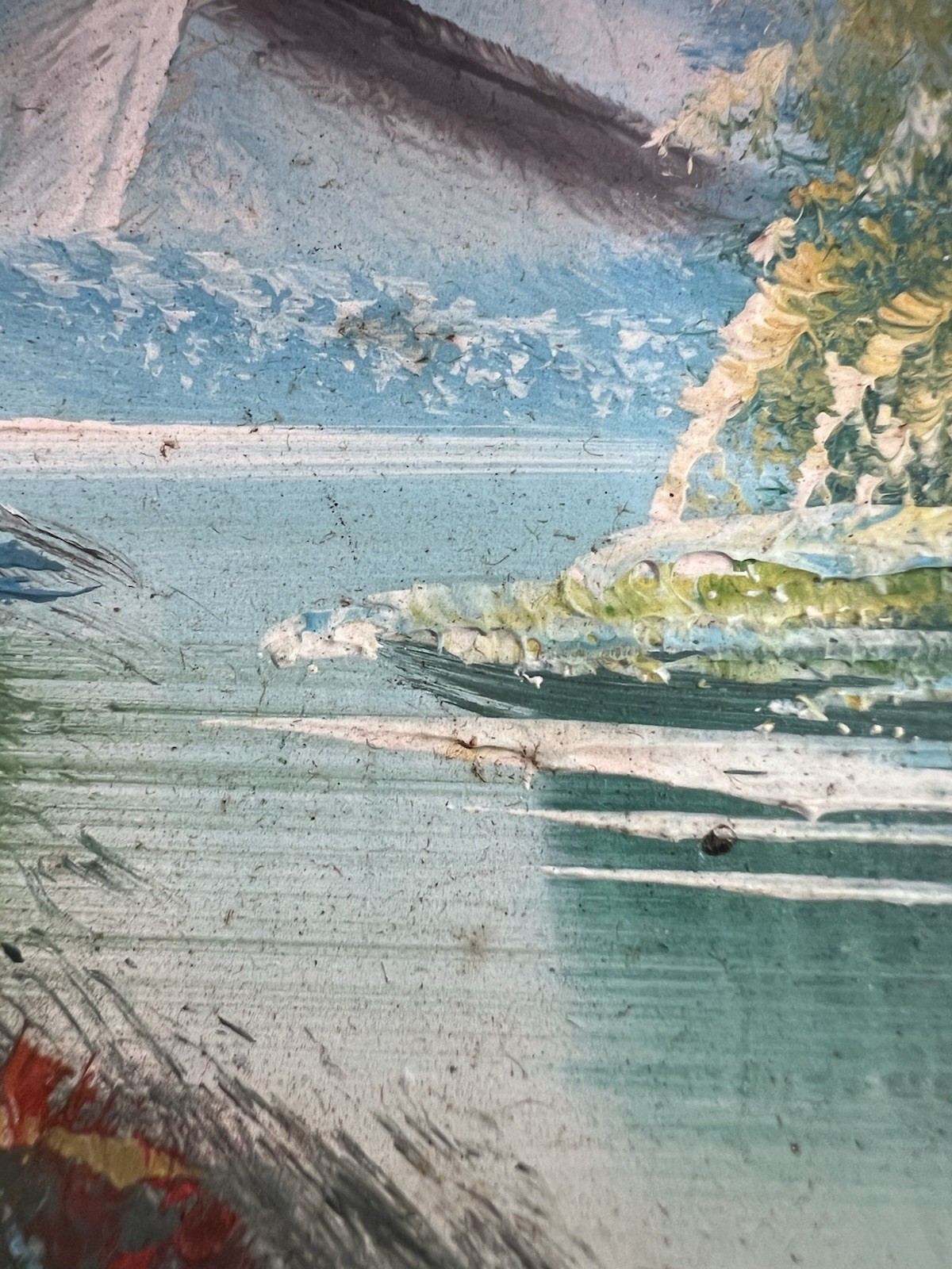 VTG Oil Acrylic Mountain Lake Scene Impasto Painting 6.25″ x 8″ Framed Art 1970s