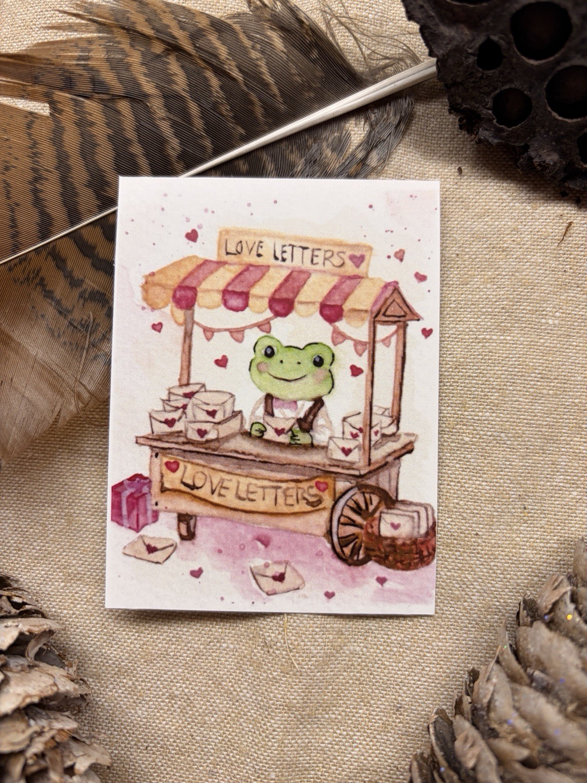 ACEO Print by AmberInWatercolor Cute Frog Love Letters Café Animals Nature Love
