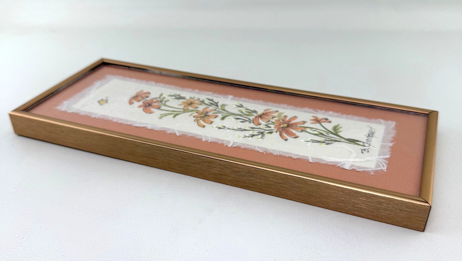 Signed Orange Yellow Floral Ink Watercolor Fibrous Paper Rose Gold Frame 5×12″