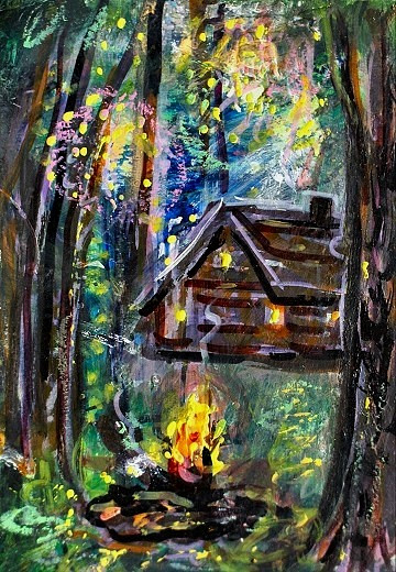 ACEO Original PAINTING Summer CABIN Fireworks Campfire Night Landscape ATC ART
