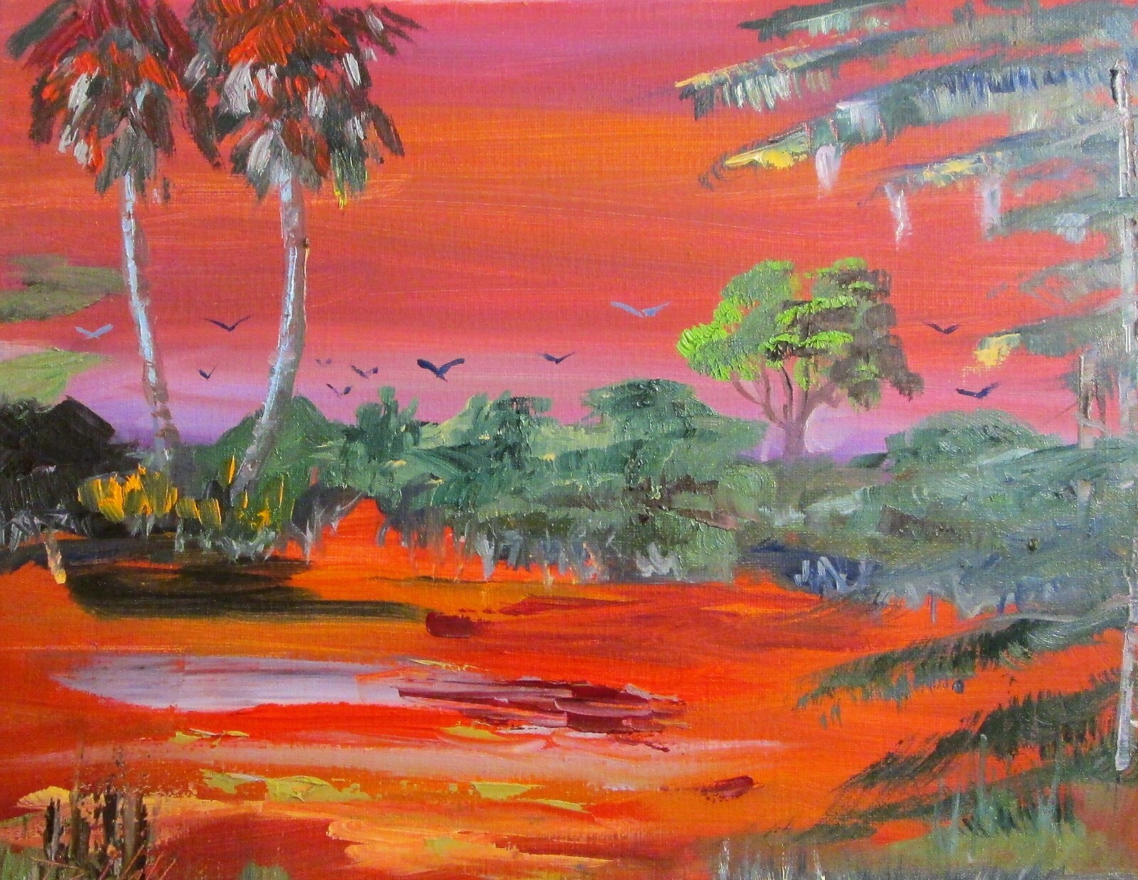 Delilah tropical Mangroves red sunset oil painting landscape COA