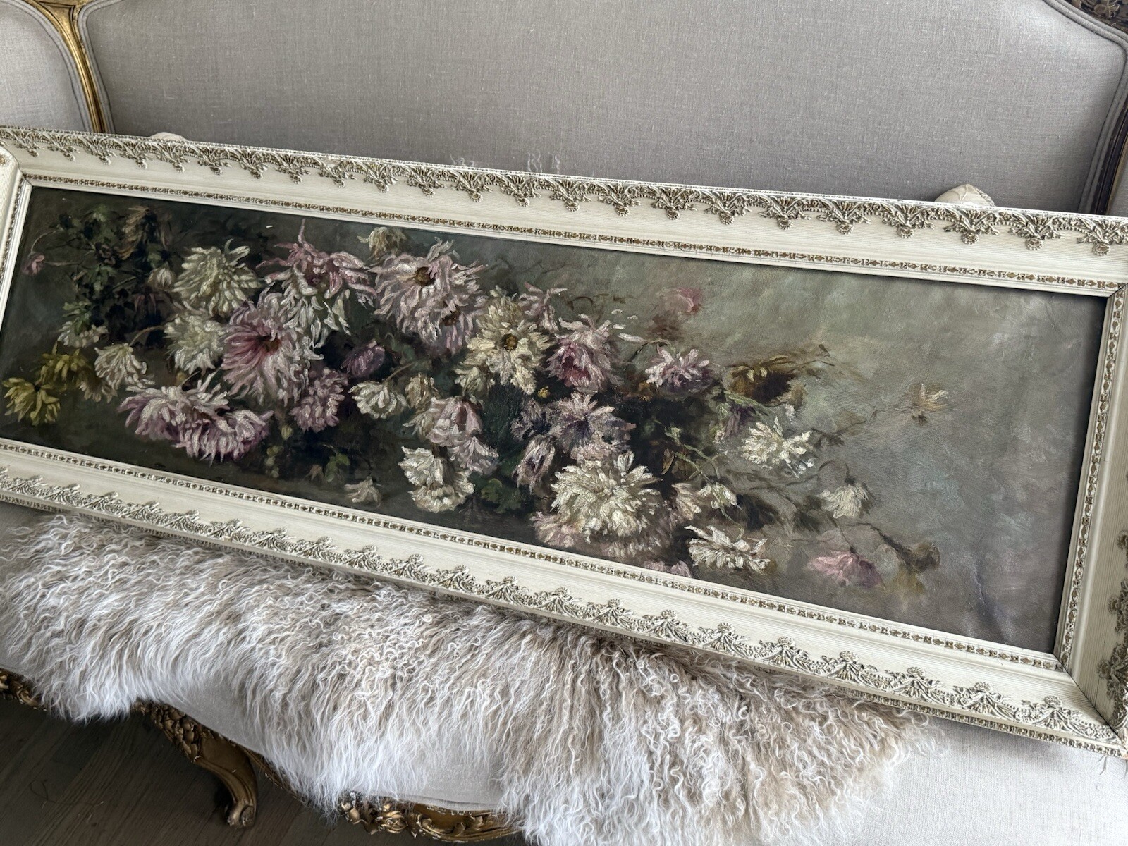 Fine Large Antique Victorian Period Oil On Canvas Painting Chrysanthemums