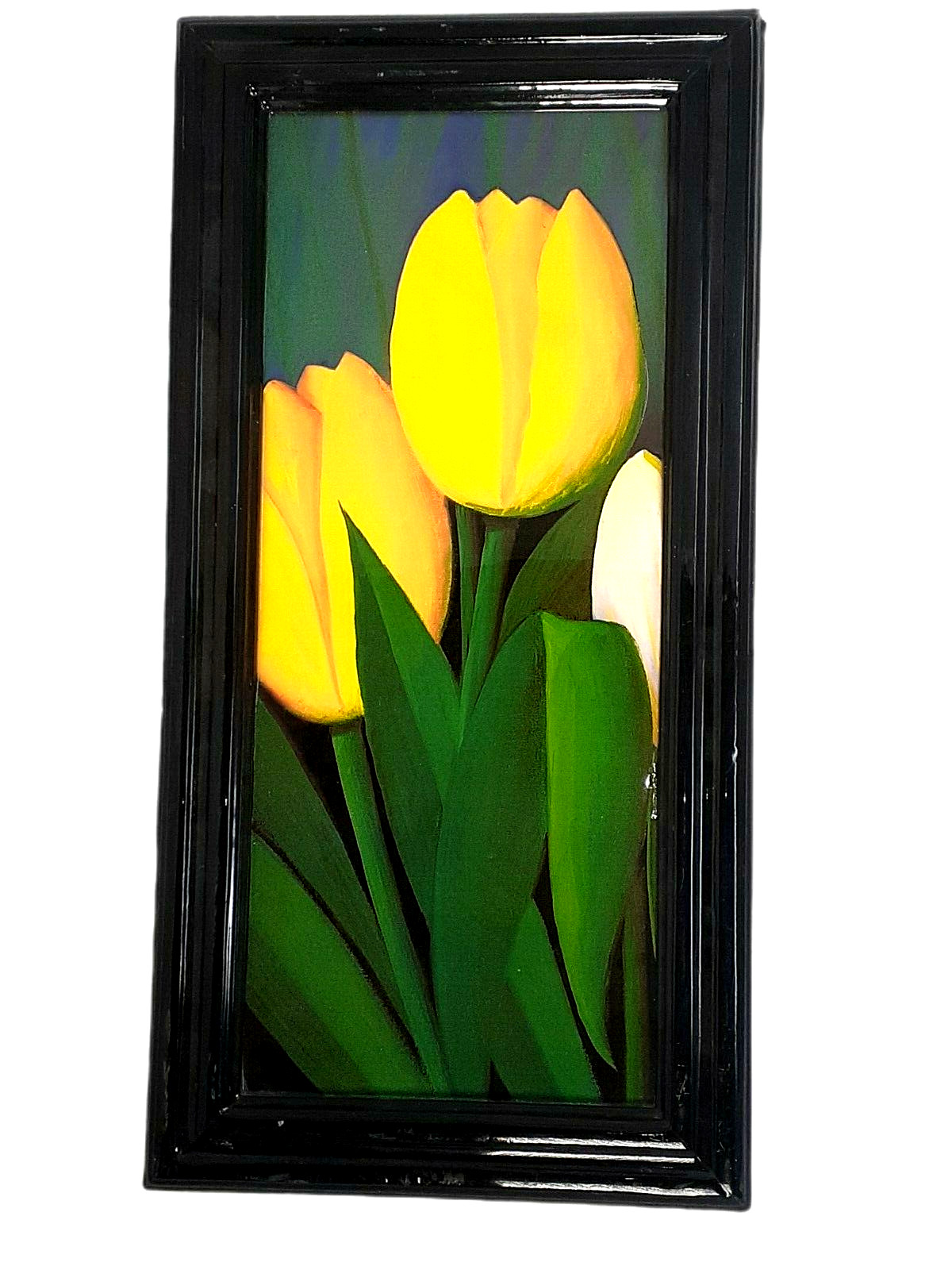 Vintage Wall Art Tulip Flowers Yellow Acrylic Glossy Painting on Wood 23″Hx11.5″