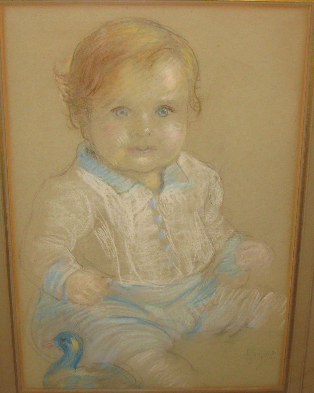 Antique 1913 MAURICE FROMKES ‘Young CHILD w TOY Duck’ PORTRAIT Pastel Painting