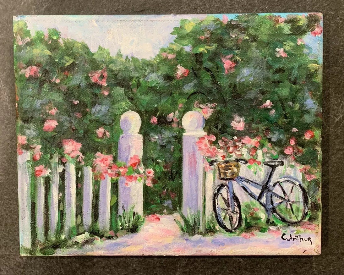 C ARTHUR – California Artist – Bike & Rose Garden – Original Painting – Signed