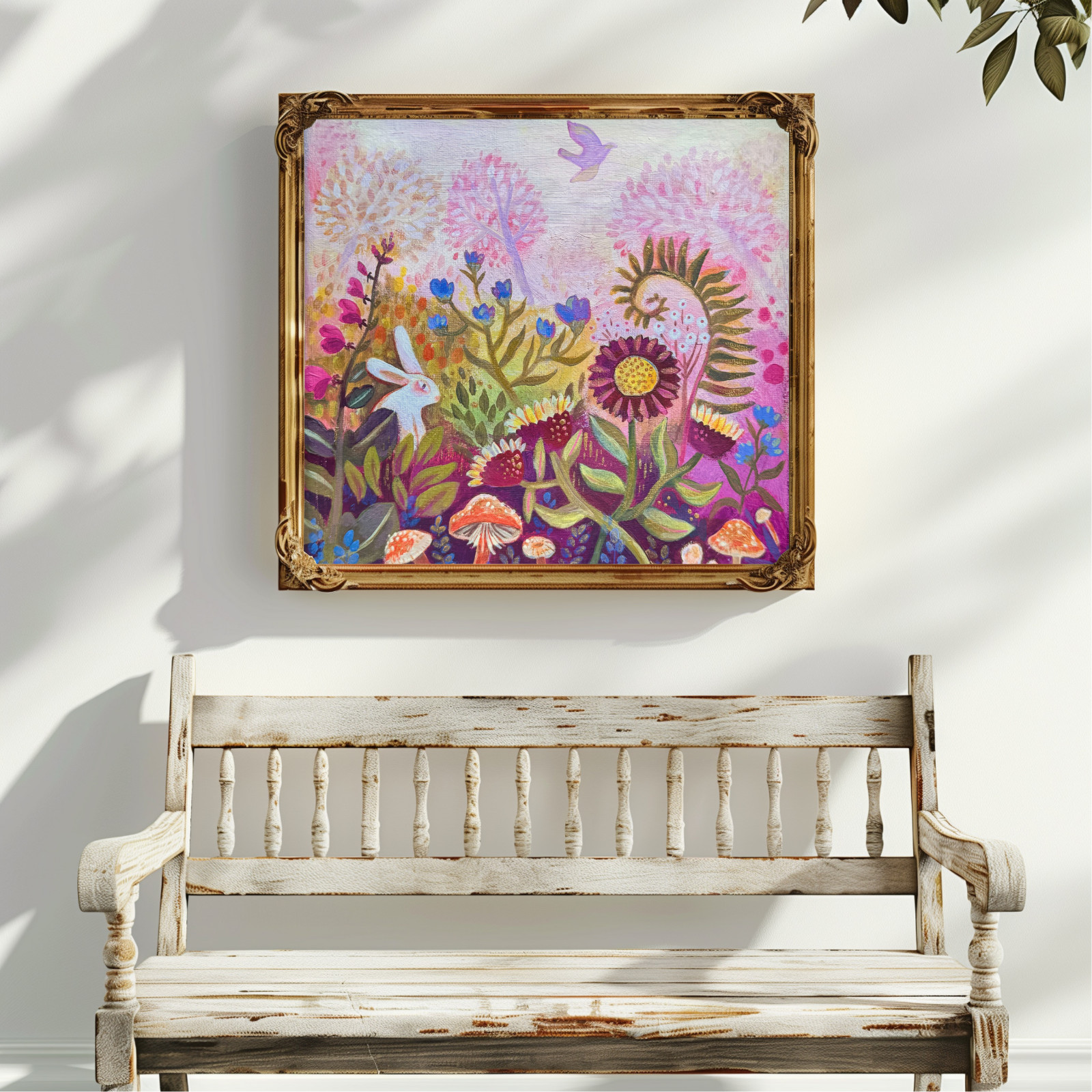 Original Art Forest Nature Bunny Mushroom Fern Whimsical Acrylic 8×8