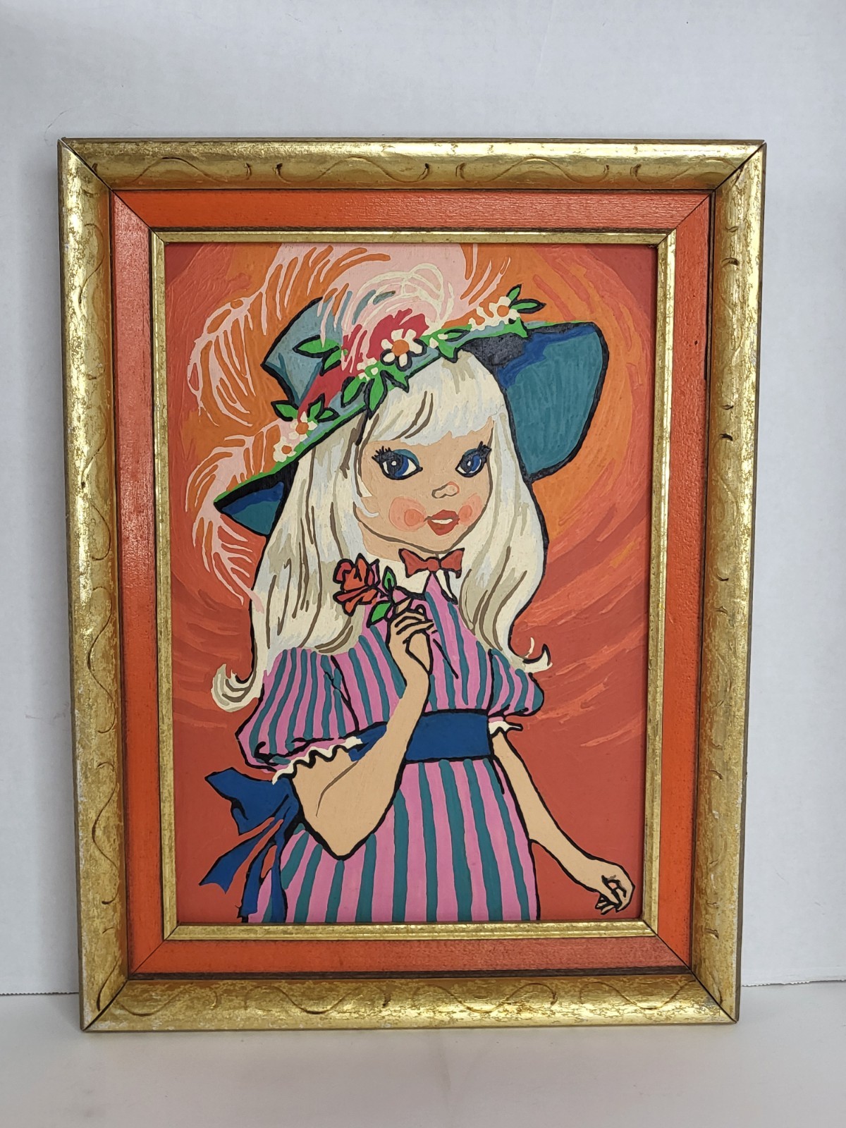 Vintage Paint By Number Framed Artwork Big Eyed Girl Bonnet Rose 1960s-70s