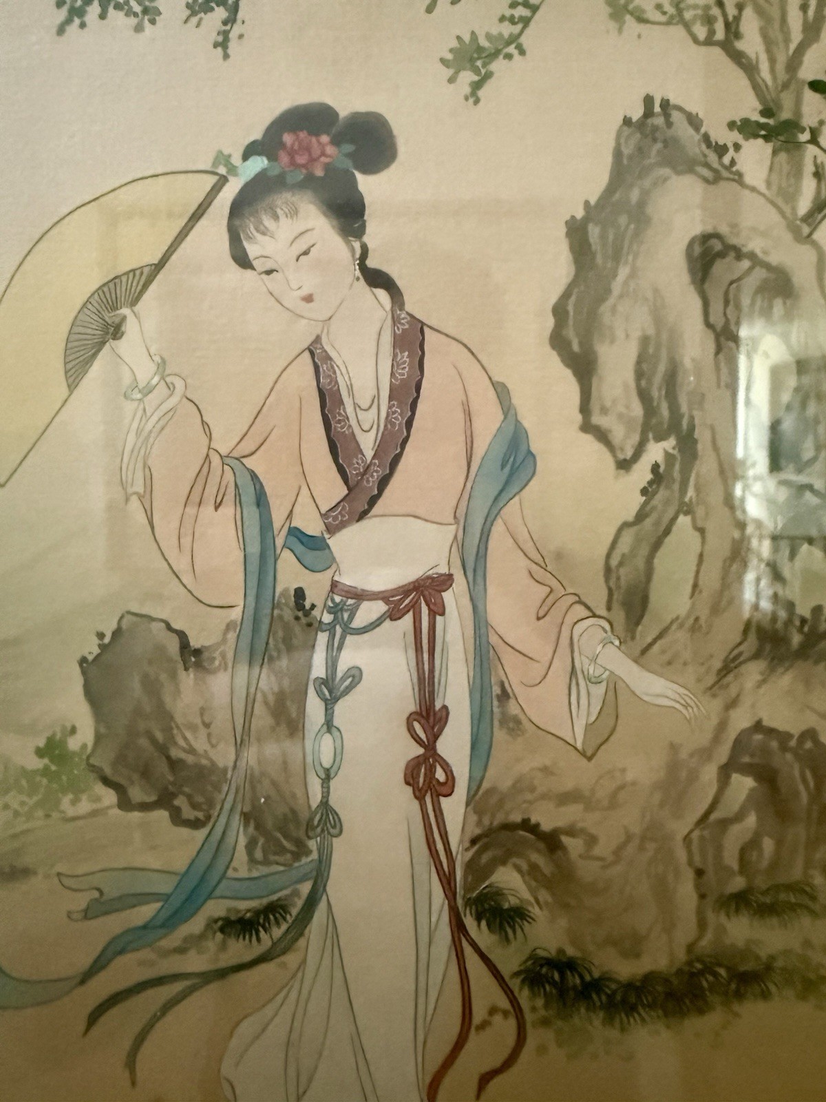 Antique LEE TINGHUA (20th C., China) Signed Ladies In Garden Framed Painting