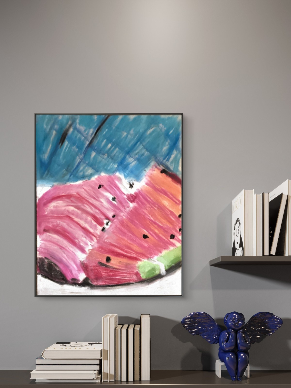 Summer Watermelon Blue Red Textured Food Color Dinner Original Art 11×14 Paper