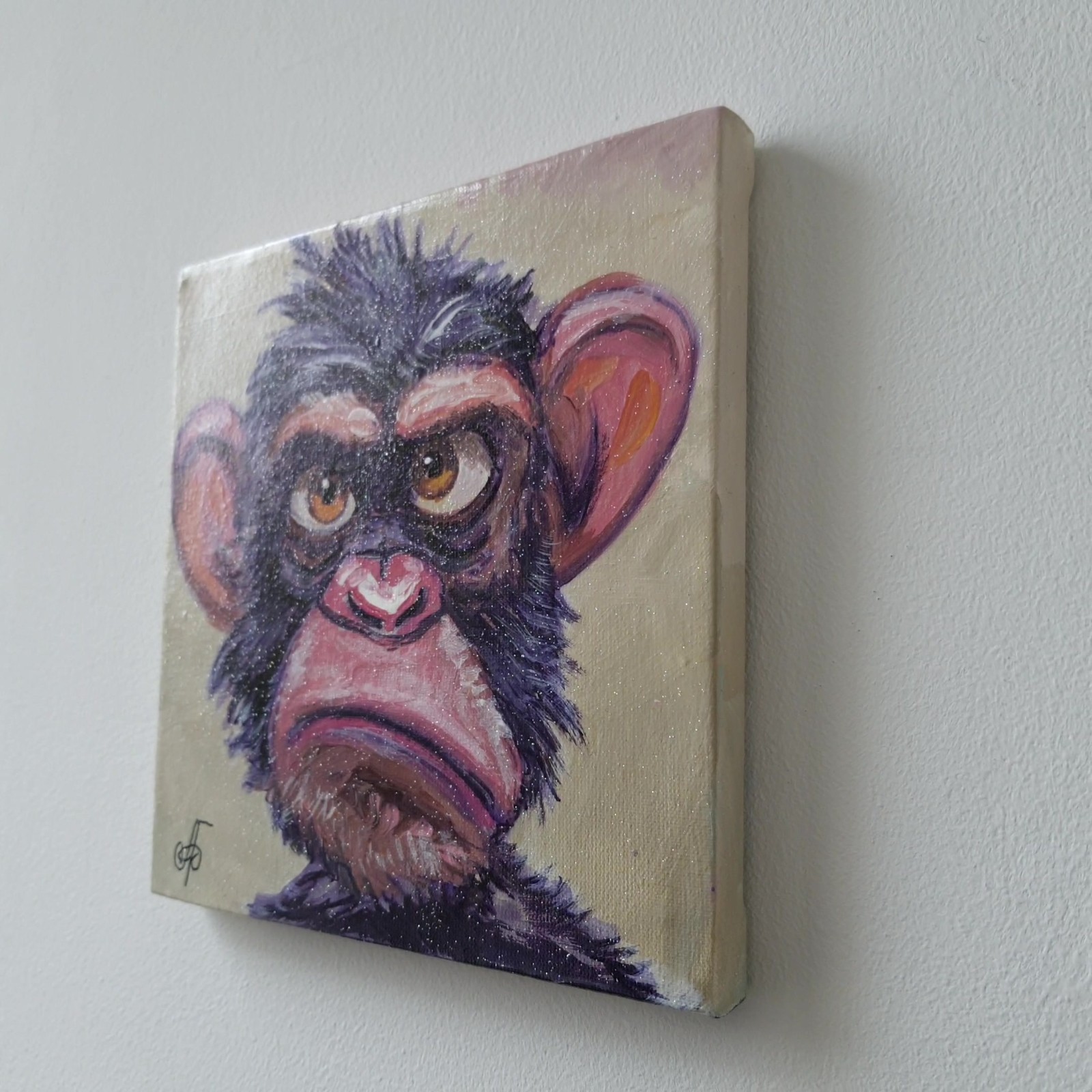 Original Acrylic Painting Funny Grumpy Chimp Monkey Portrait Small Hand Painted