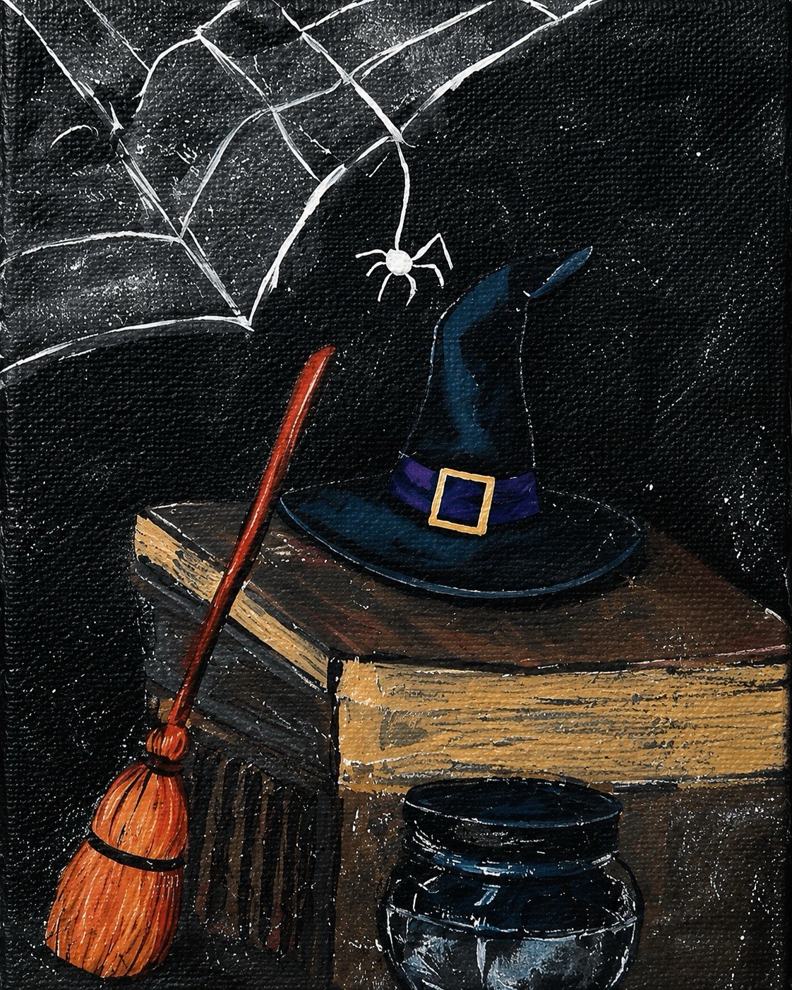 Original ACEO Witches Hat & Broom Mini Painting – Cute Creepy Art Card 2.5×3.5