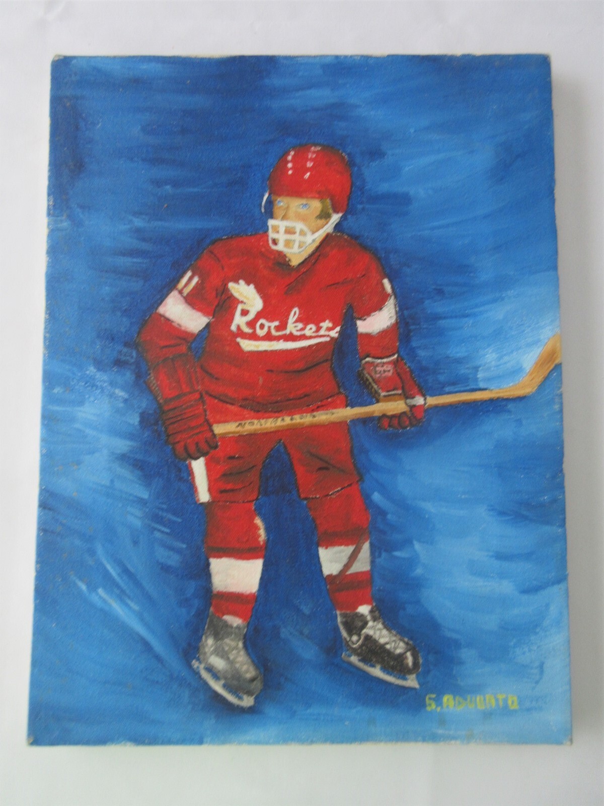 Vintage New Jersey Rockets hockey player painting on canvas by Steve Adubato