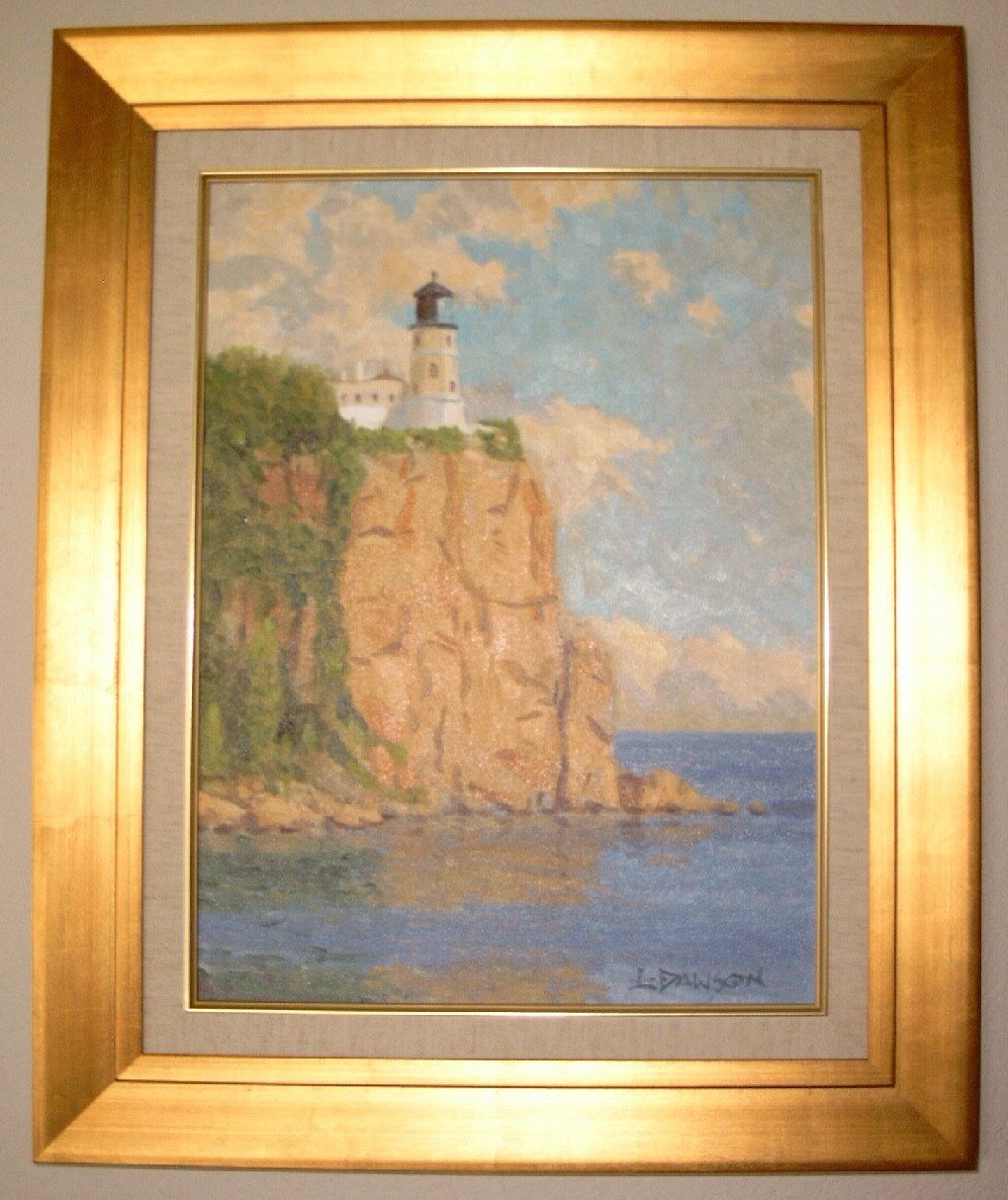 Lindsay Dawson “Split Rock Light House” Original Oil Paintin Custom Framed 21X17