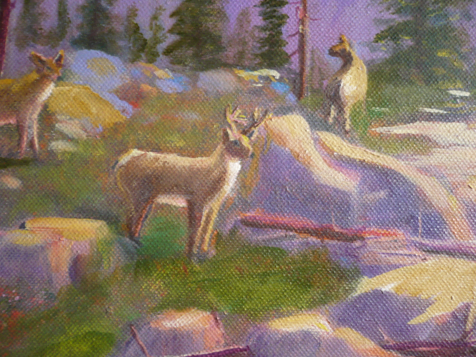 W.E. KNIGHT, Vintage OIL LUMINOUS WESTERN LANDSCAPE w/ DEER and RIVER MOUNTAIN
