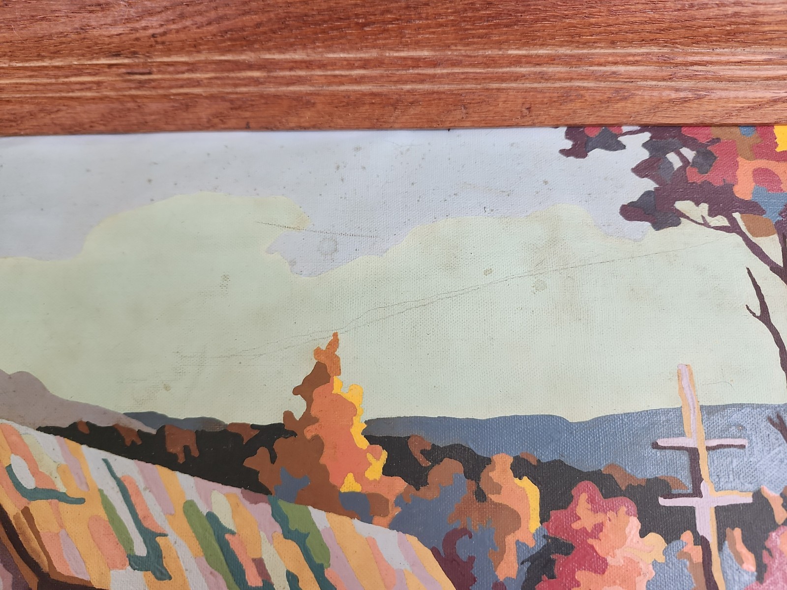 Vtg Wood Frame Fall Landscape Painting, Muted Colors, Covered Bridge in Autumn