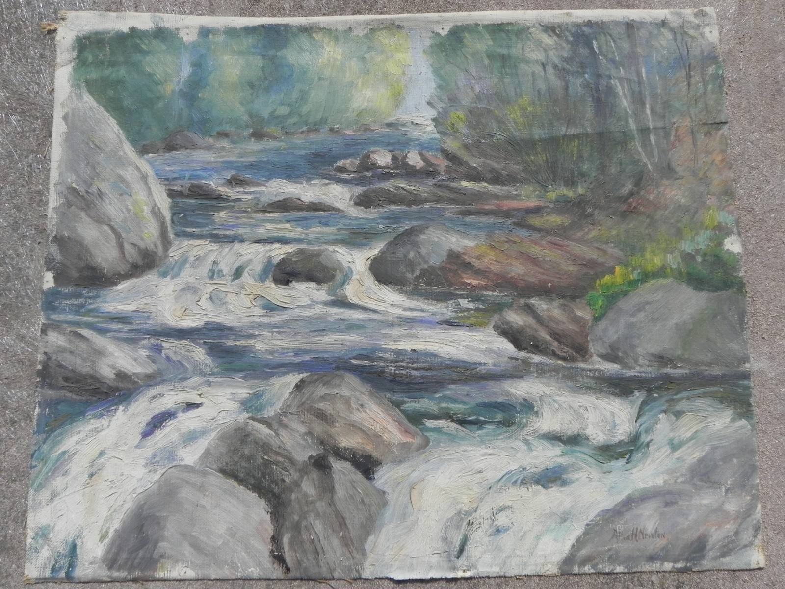 Pair old Connecticut impressionist landscape paintings signed Allen Newton 1927