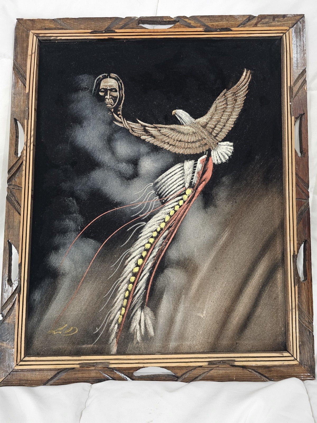 Vintage 70s Velvet Painting Native American Eagle Signed LD Carved Wood Framed