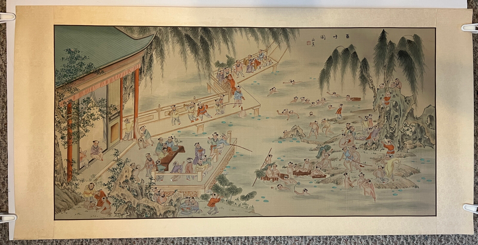 Large Chinese Silk Painting 100 Children At Play Imported Beautiful