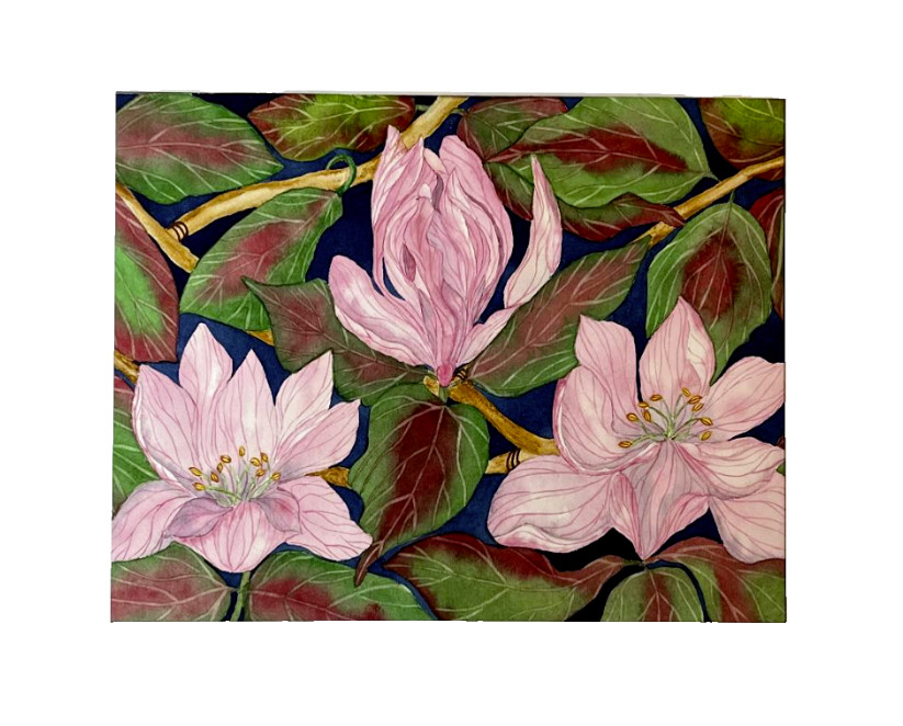 PAINTING WATERCOLOR 11X14 MAT 16X20 FLOWER MAGNOLIA PINK GREEN RED ORIGINAL ART