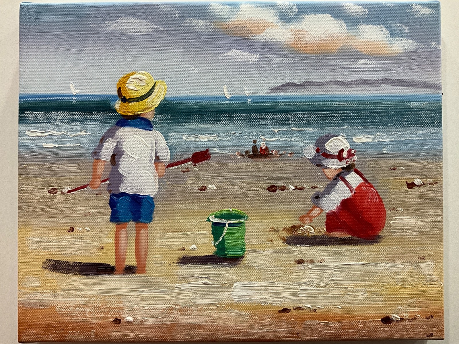 Oil Painting 8×10” Children playing in sand on the beach, seascape, cloudy sky