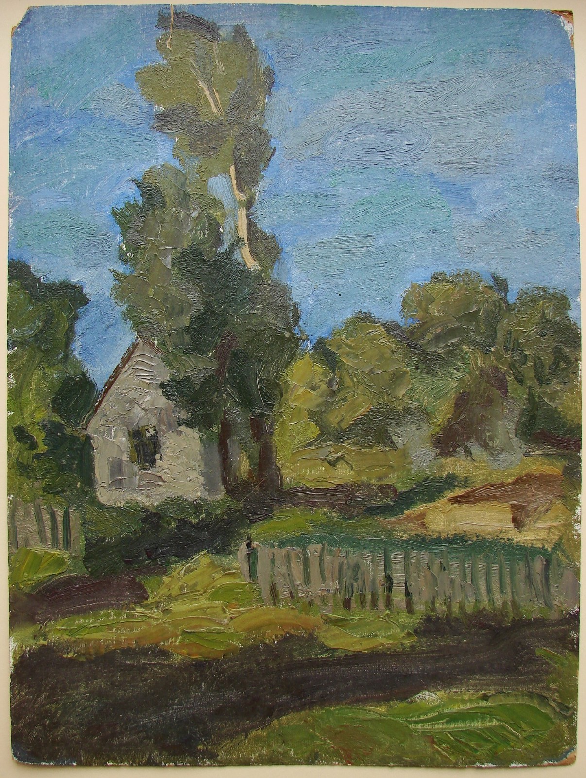 Ukrainian Soviet oil Painting postimpressionism landscape evening house tree