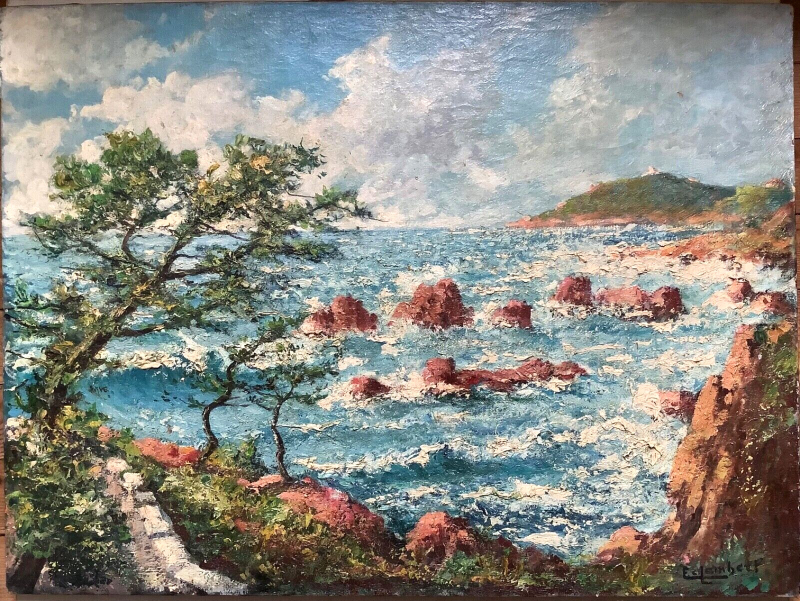Eugene C. LAMBERT (1871-1948) – Oil on Canvas – Seascape Rough Sea Rocky Coast