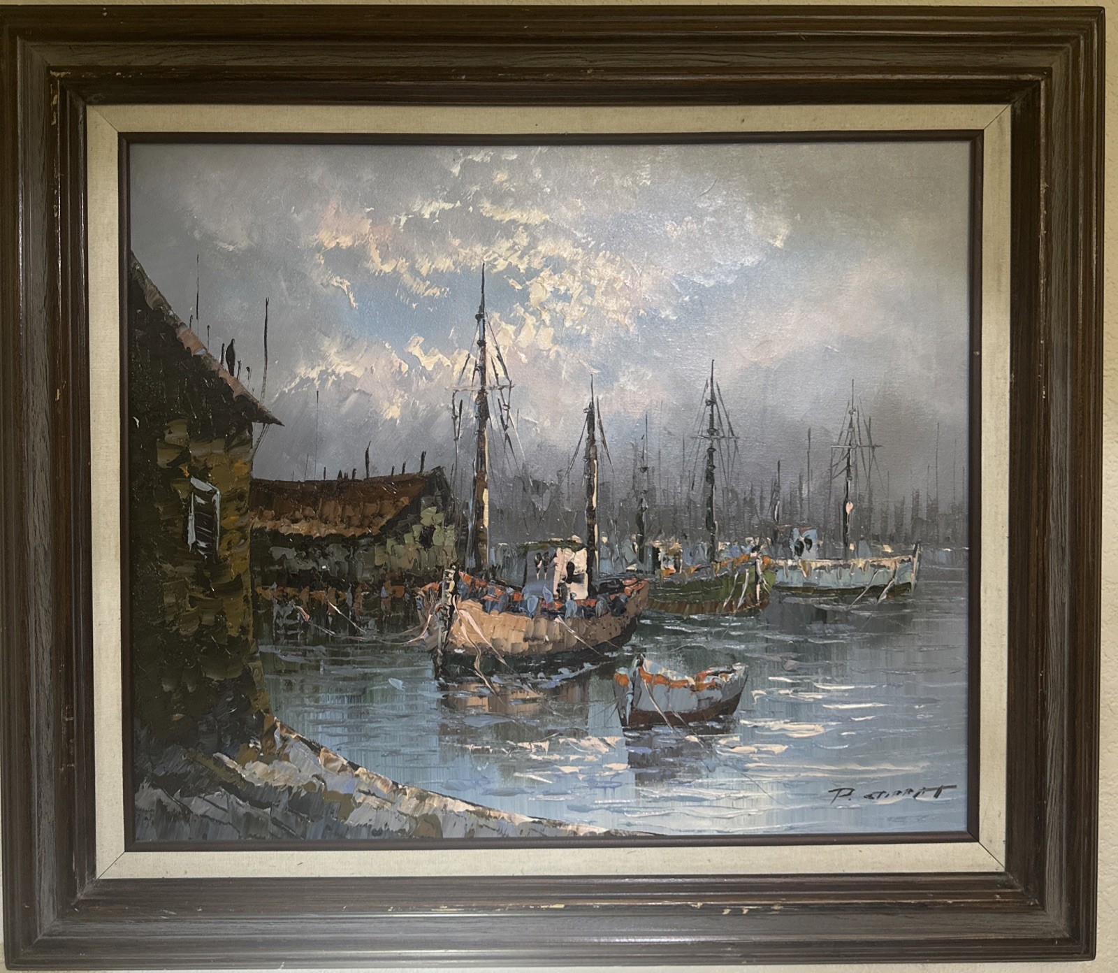 Vintage Paolo Stirrat Oil Painting of Fishing Boats Dock Harbor Nautical, Signed