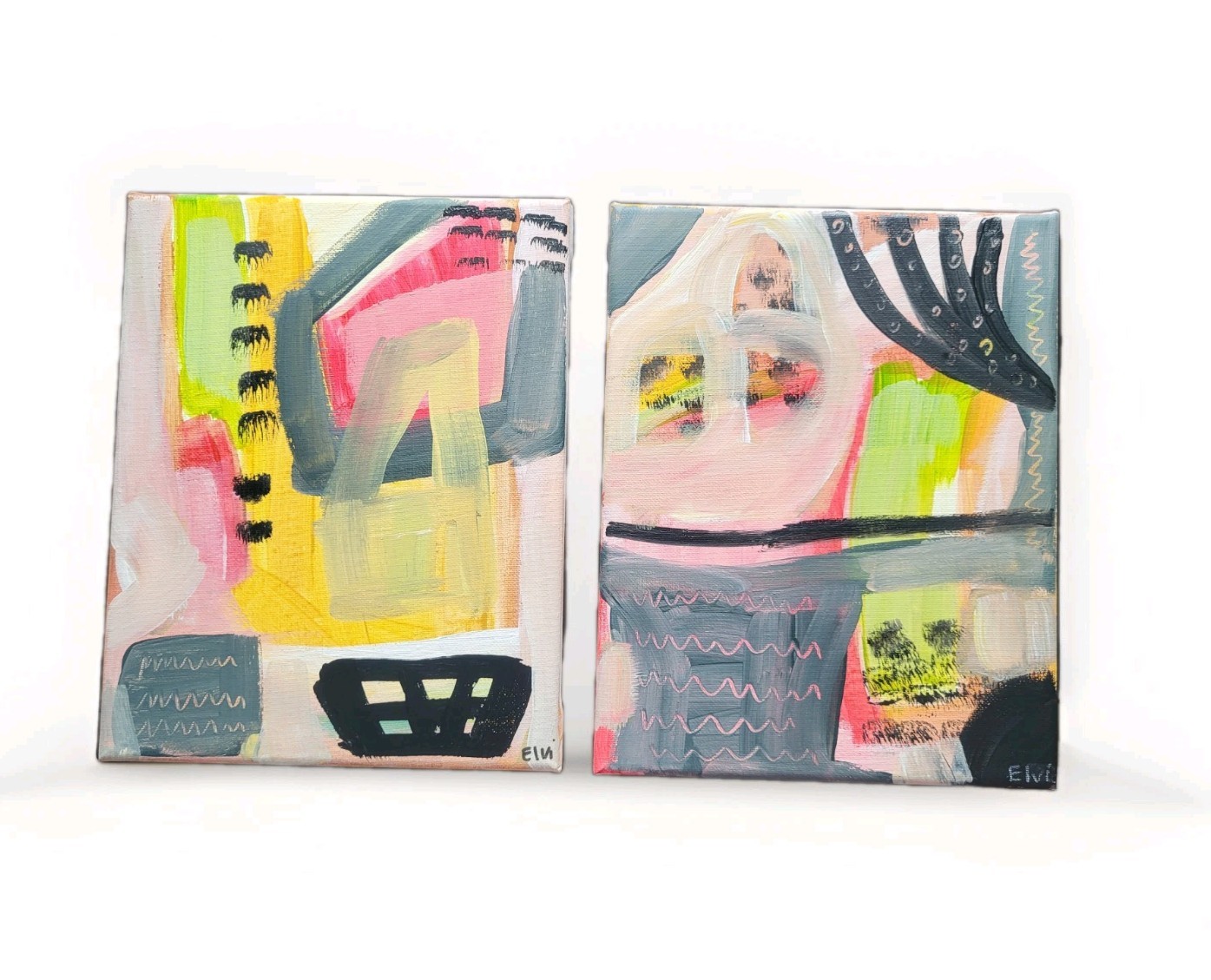 Set Of 2 Original Abstract 8×10 Paintings On Canvas Colorful Modern Art
