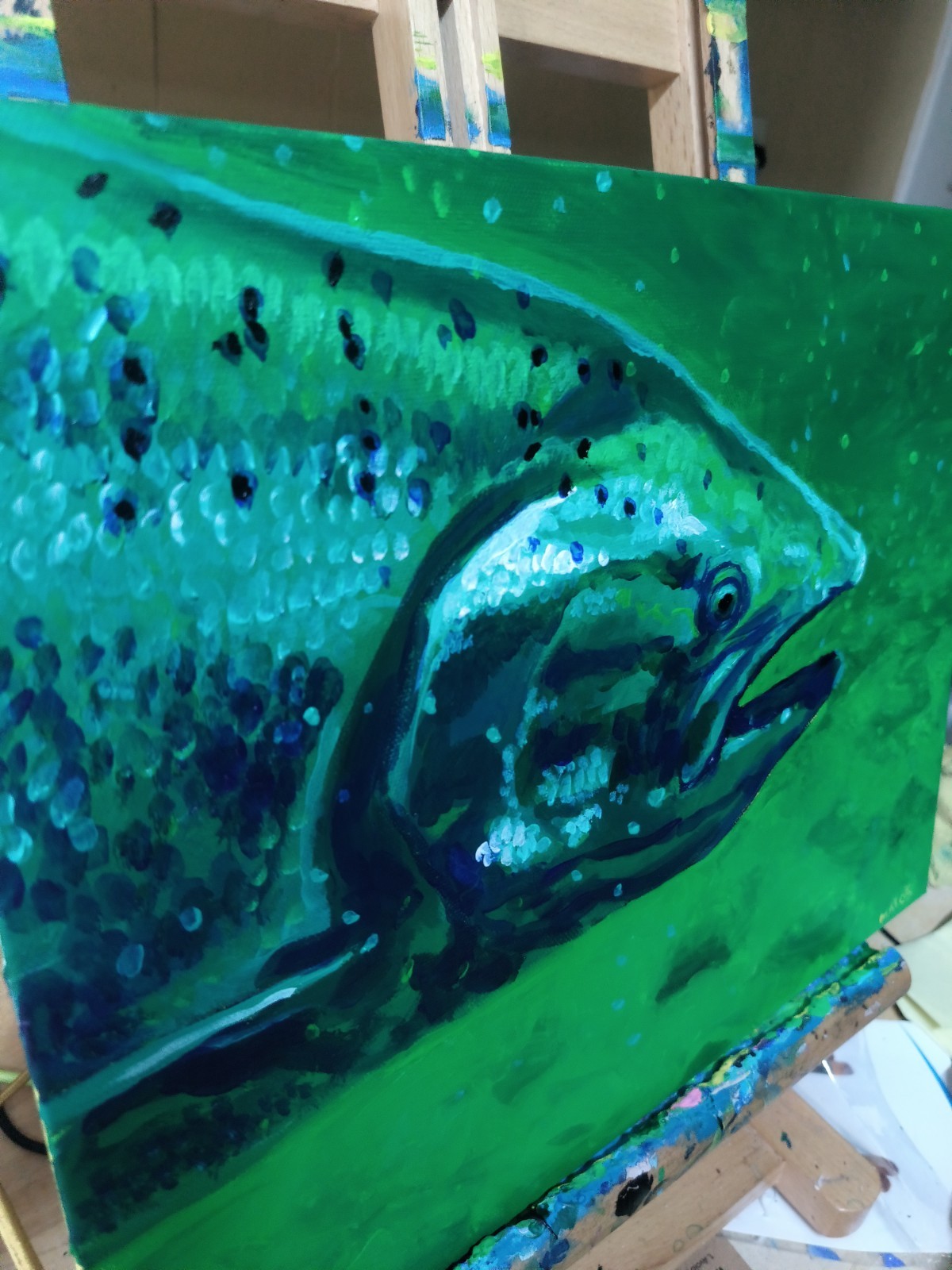 Salmon, original painting 11×14 Hard Board Panel Canvas. Salmon Art