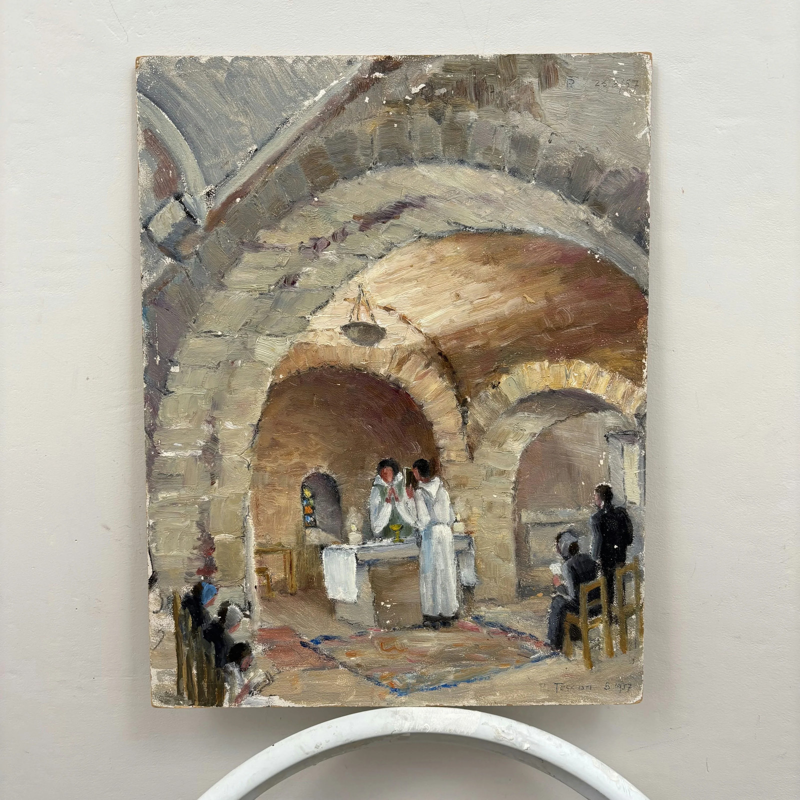 Classic Church Interior Oil Painting «Altar Priests» Refined Small Artwork
