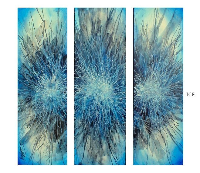 large earthy blue abstract movement 3-piece original painting Mix Lang art decor