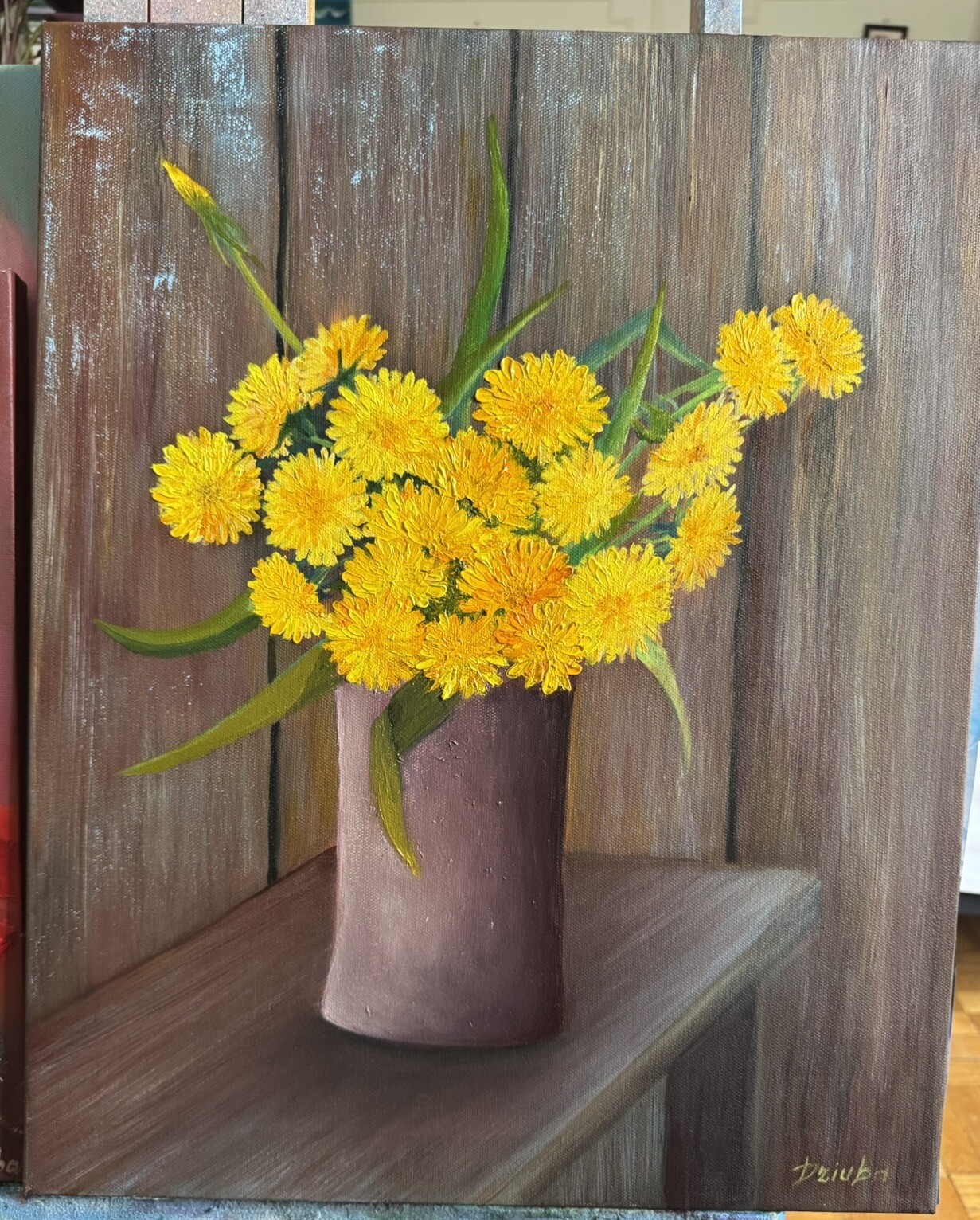 Oil Painting Canvas Vase Dandelions Flowers Original By Artist Handmade Medium